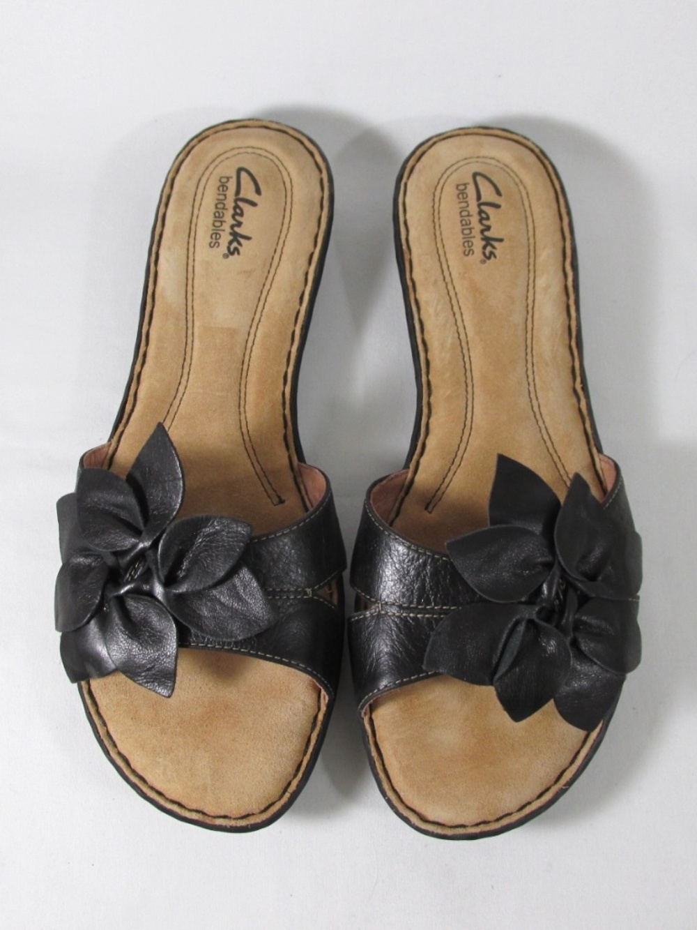 Clarks Black Leather Flower Slide Sandals